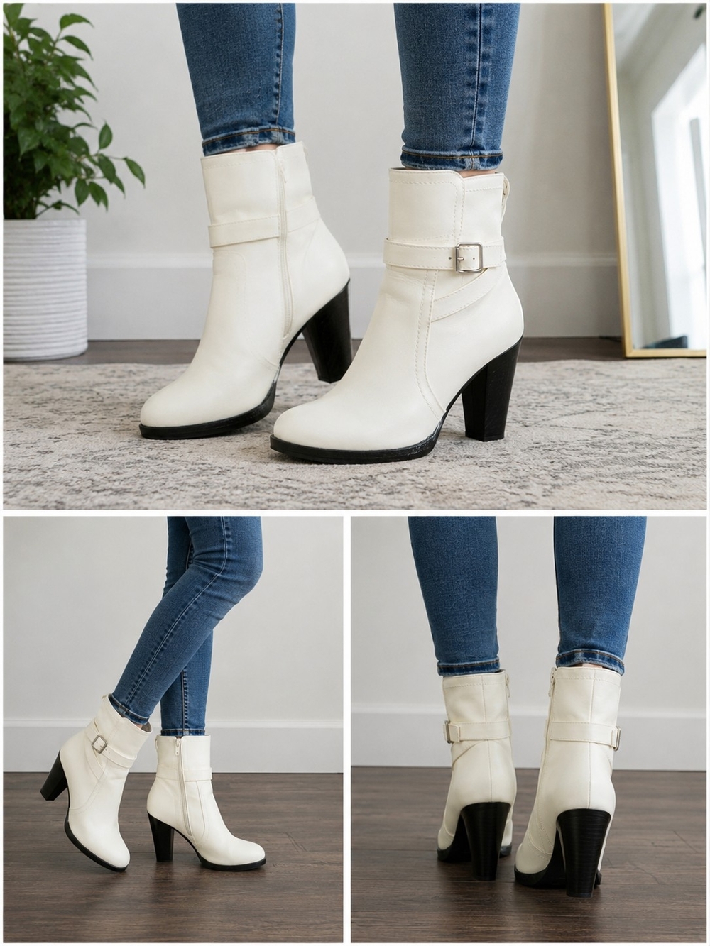 Women's Cream Ankle Boots with Buckle Detail